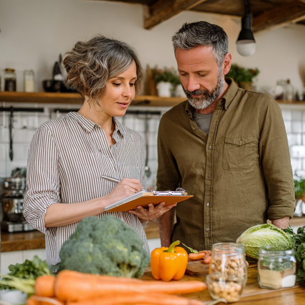 middle-aged nutritionist explaining healthy meal planning to mature adult client