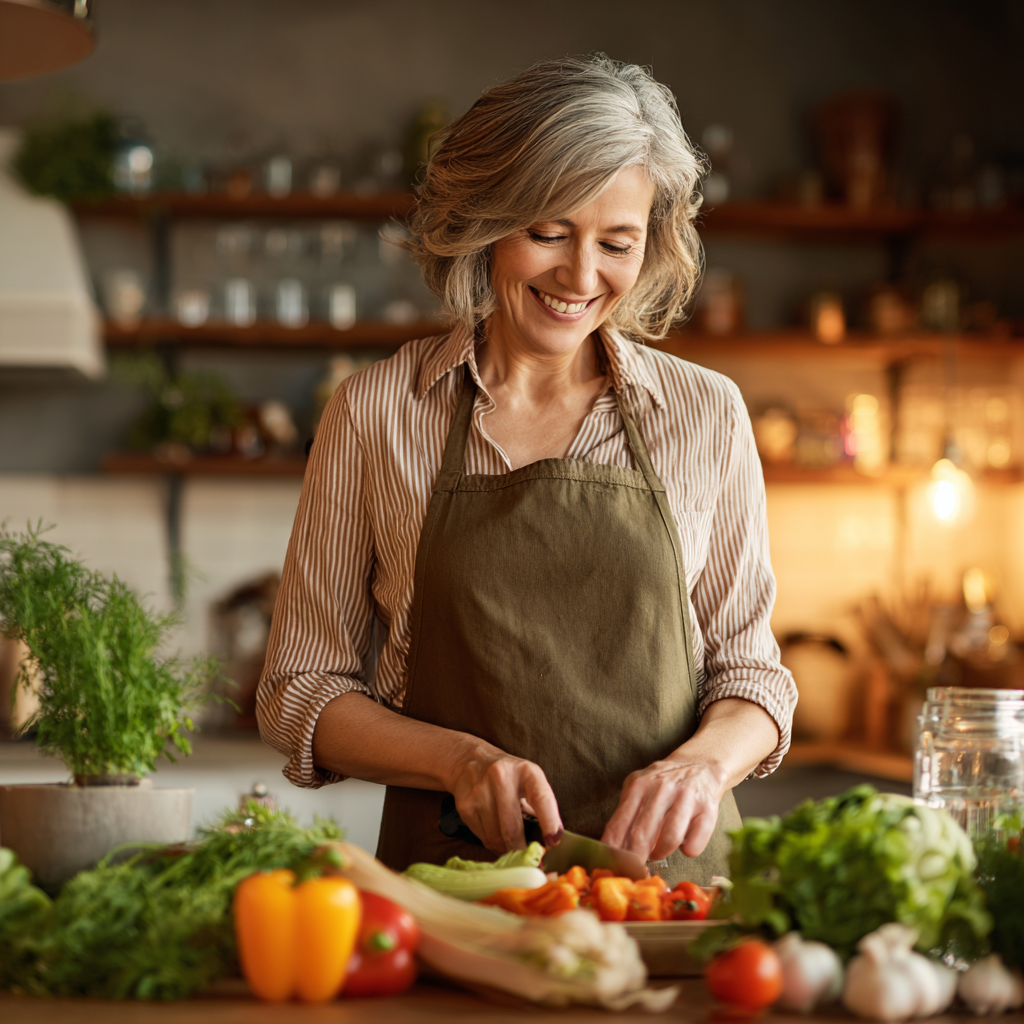 satisfied middle-aged woman preparing healthy meal following nutrition plan